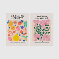 Set of 2 framed prints, illustrated fruit and flower patterns: "Legumes et Fruits" illustrated fruit and vegetable pattern; and "Saison du Marché" pink flower illustration — unframed