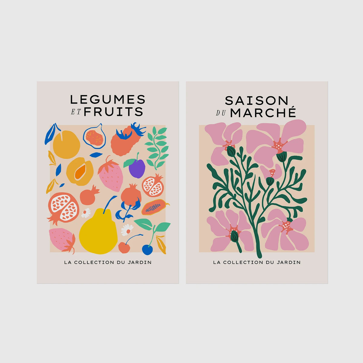 Set of 2 framed prints, illustrated fruit and flower patterns: "Legumes et Fruits" illustrated fruit and vegetable pattern; and "Saison du Marché" pink flower illustration — unframed