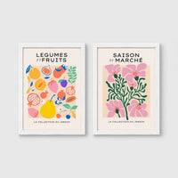 Set of 2 framed prints, illustrated fruit and flower patterns: "Legumes et Fruits" illustrated fruit and vegetable pattern; and "Saison du Marché" pink flower illustration — unframed