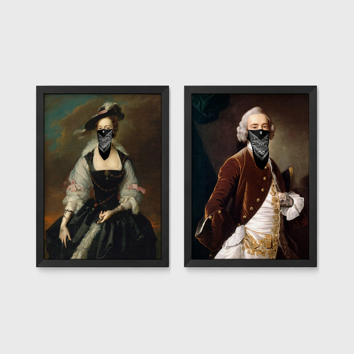Set of 2 framed prints, classical portraits with gang bandana masks: a classical lady's portrait with a black bandana gang mask; and a classical gentleman's portrait with a black bandana gang mask — unframed
