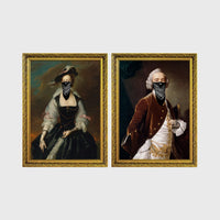Set of 2 framed prints, classical portraits with gang bandana masks: a classical lady's portrait with a black bandana gang mask; and a classical gentleman's portrait with a black bandana gang mask — unframed
