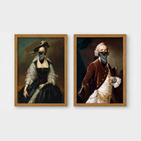 Set of 2 framed prints, classical portraits with gang bandana masks: a classical lady's portrait with a black bandana gang mask; and a classical gentleman's portrait with a black bandana gang mask — unframed