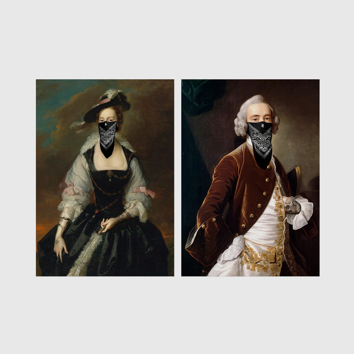 Set of 2 framed prints, classical portraits with gang bandana masks: a classical lady's portrait with a black bandana gang mask; and a classical gentleman's portrait with a black bandana gang mask — unframed