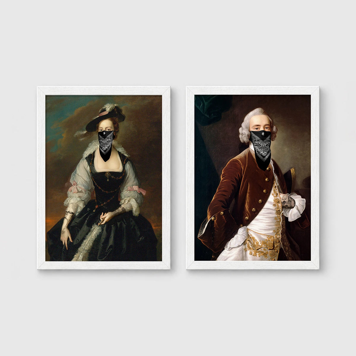 Set of 2 framed prints, classical portraits with gang bandana masks: a classical lady's portrait with a black bandana gang mask; and a classical gentleman's portrait with a black bandana gang mask — unframed