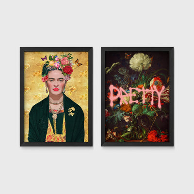 Set of 2 framed prints, reimagined portraits and floral still life: a Frida Kahlo-style portrait with a floral crown on a gold background; and a dark floral still life with dripping pink "Pretty" text — unframed