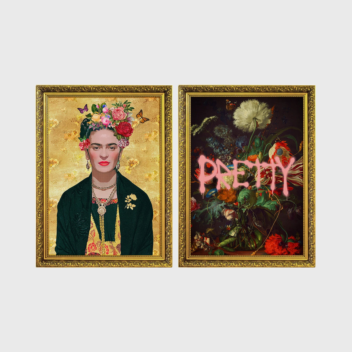Set of 2 framed prints, reimagined portraits and floral still life: a Frida Kahlo-style portrait with a floral crown on a gold background; and a dark floral still life with dripping pink "Pretty" text — unframed