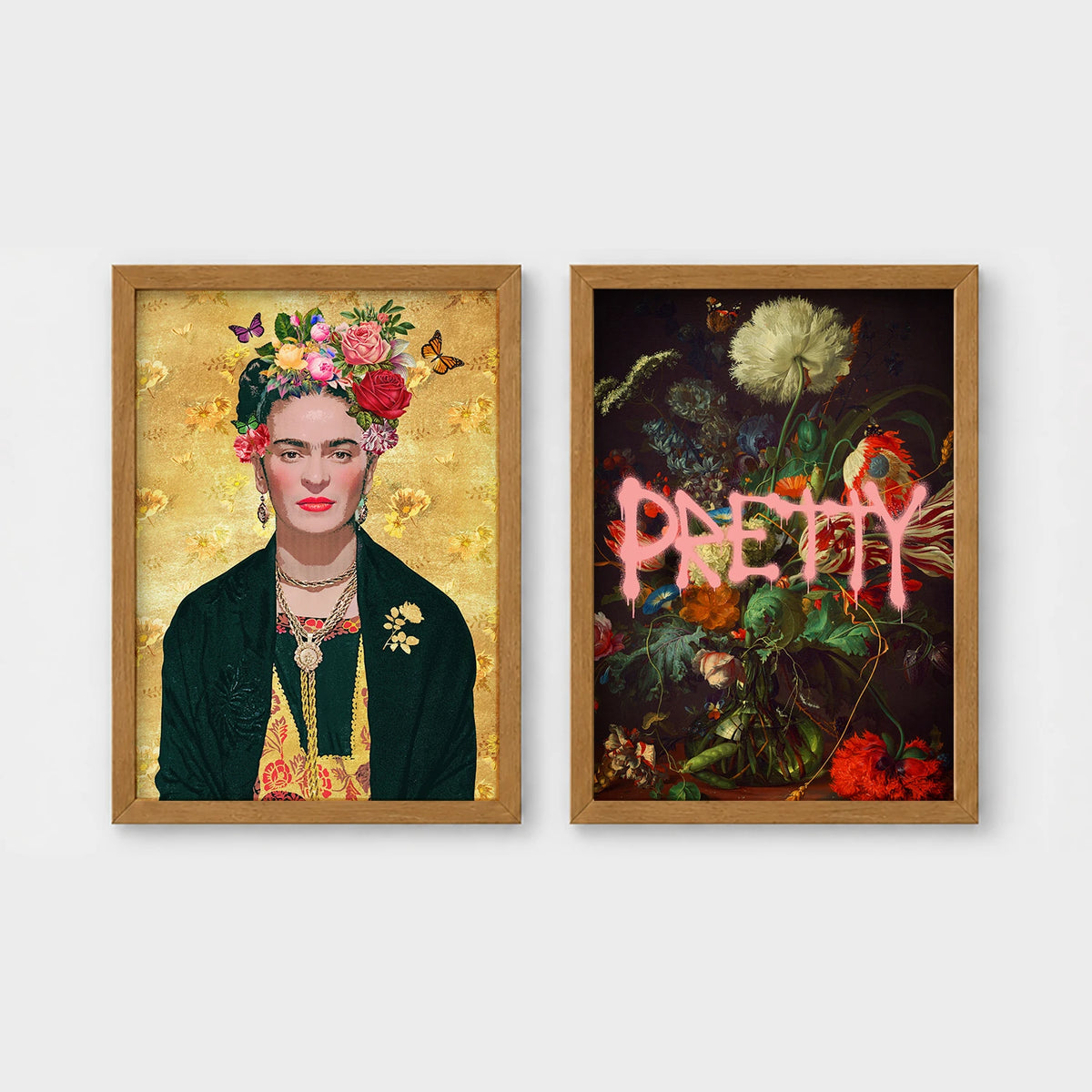 Set of 2 framed prints, reimagined portraits and floral still life: a Frida Kahlo-style portrait with a floral crown on a gold background; and a dark floral still life with dripping pink "Pretty" text — unframed