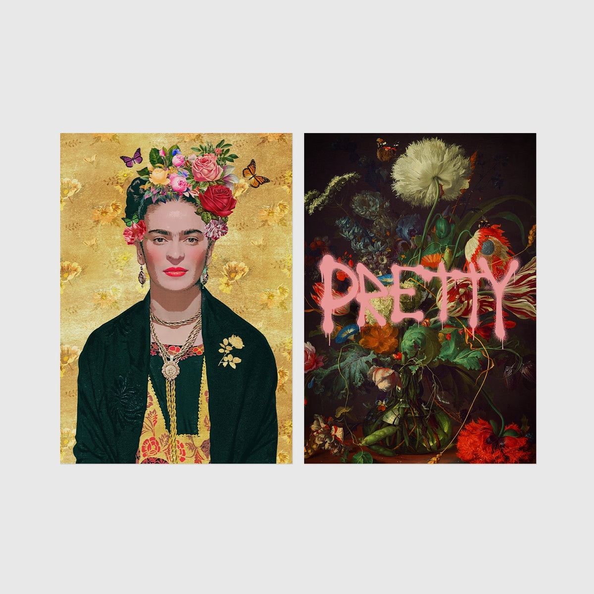 Set of 2 framed prints, reimagined portraits and floral still life: a Frida Kahlo-style portrait with a floral crown on a gold background; and a dark floral still life with dripping pink "Pretty" text — unframed