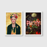 Set of 2 framed prints, reimagined portraits and floral still life: a Frida Kahlo-style portrait with a floral crown on a gold background; and a dark floral still life with dripping pink "Pretty" text — unframed