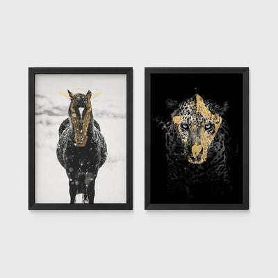 Set of 2 framed prints, animals with gold-painted highlights: a black and white horse in snow with gold-painted highlights; and a black leopard portrait with gold facial markings on black — unframed