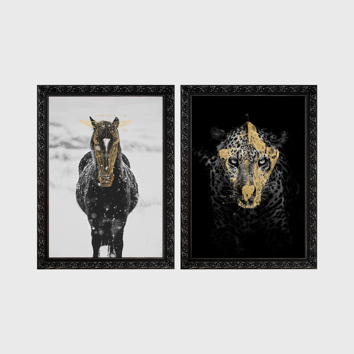 Set of 2 framed prints, animals with gold-painted highlights: a black and white horse in snow with gold-painted highlights; and a black leopard portrait with gold facial markings on black — unframed