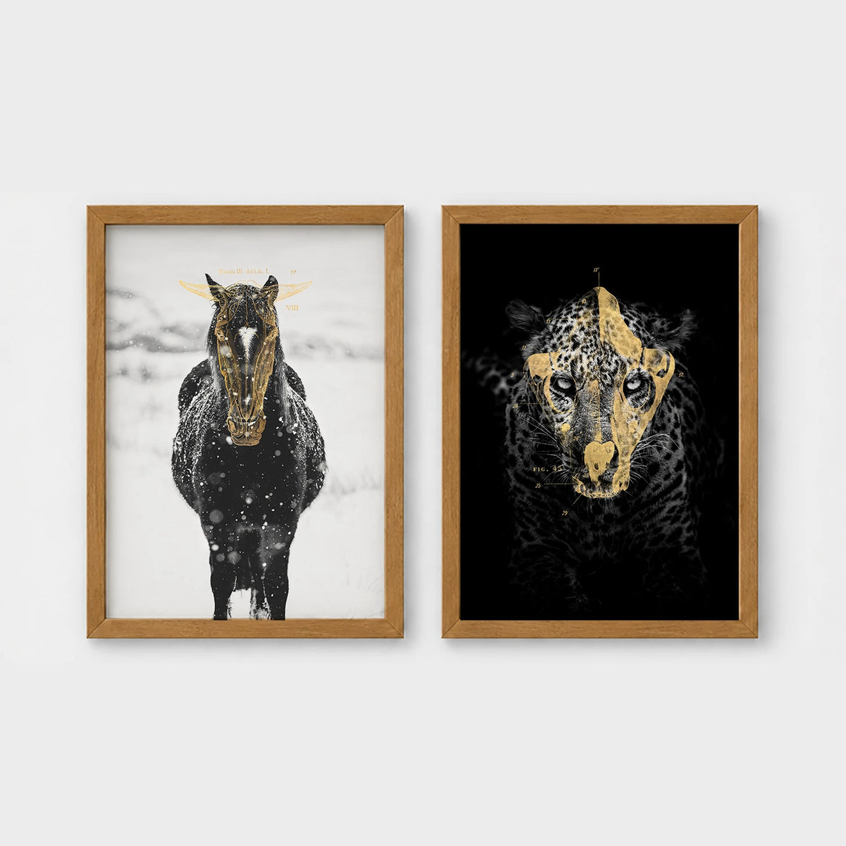 Set of 2 framed prints, animals with gold-painted highlights: a black and white horse in snow with gold-painted highlights; and a black leopard portrait with gold facial markings on black — unframed