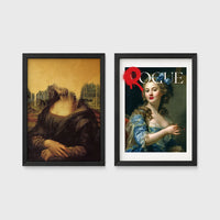 Set of 2 framed prints, classical art with pop-culture twists: the Mona Lisa with dripping gold paint; and a classical portrait styled as a "Rogue" magazine cover — unframed