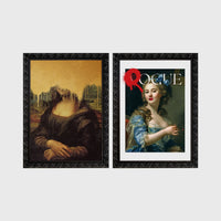 Set of 2 framed prints, classical art with pop-culture twists: the Mona Lisa with dripping gold paint; and a classical portrait styled as a "Rogue" magazine cover — unframed