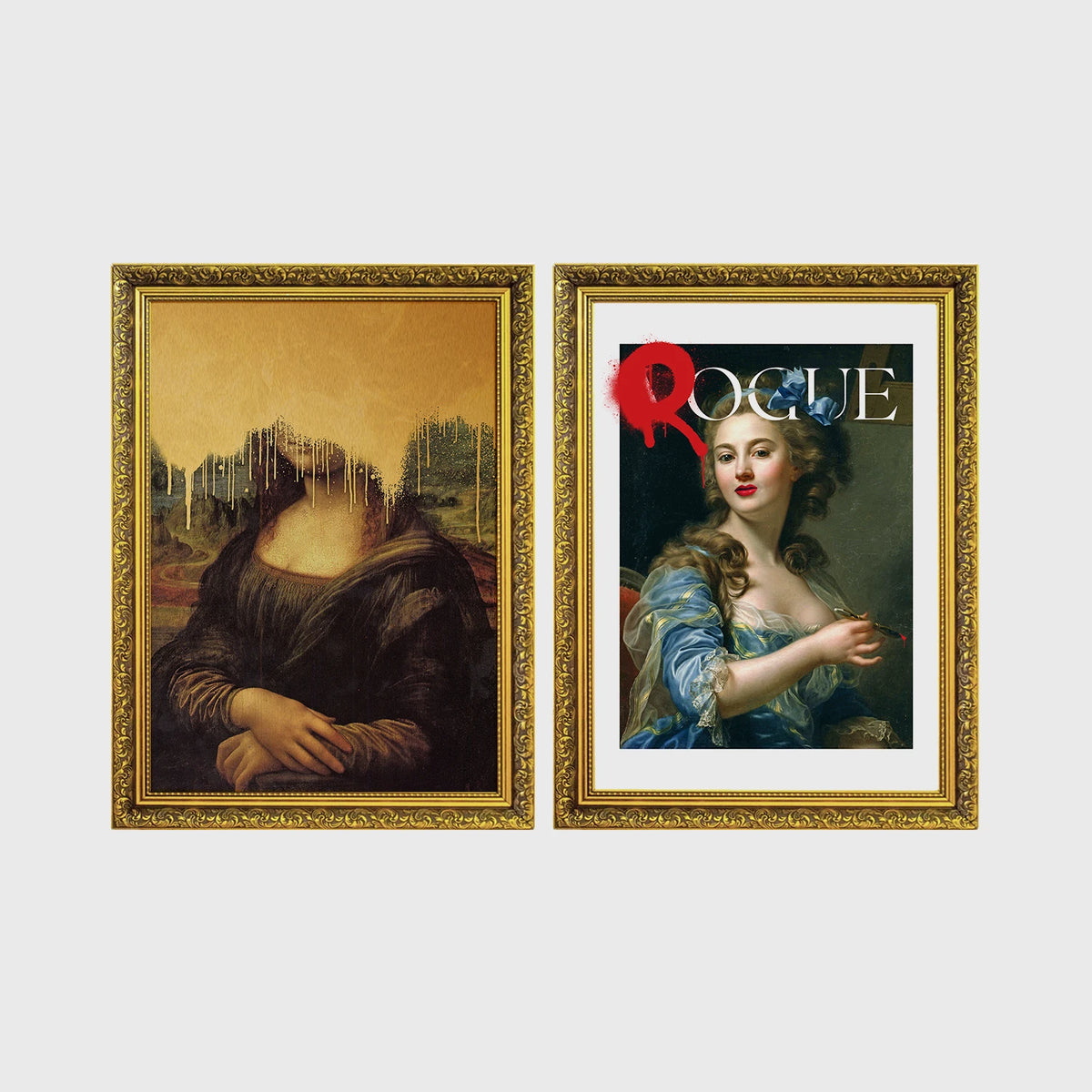 Set of 2 framed prints, classical art with pop-culture twists: the Mona Lisa with dripping gold paint; and a classical portrait styled as a "Rogue" magazine cover — unframed