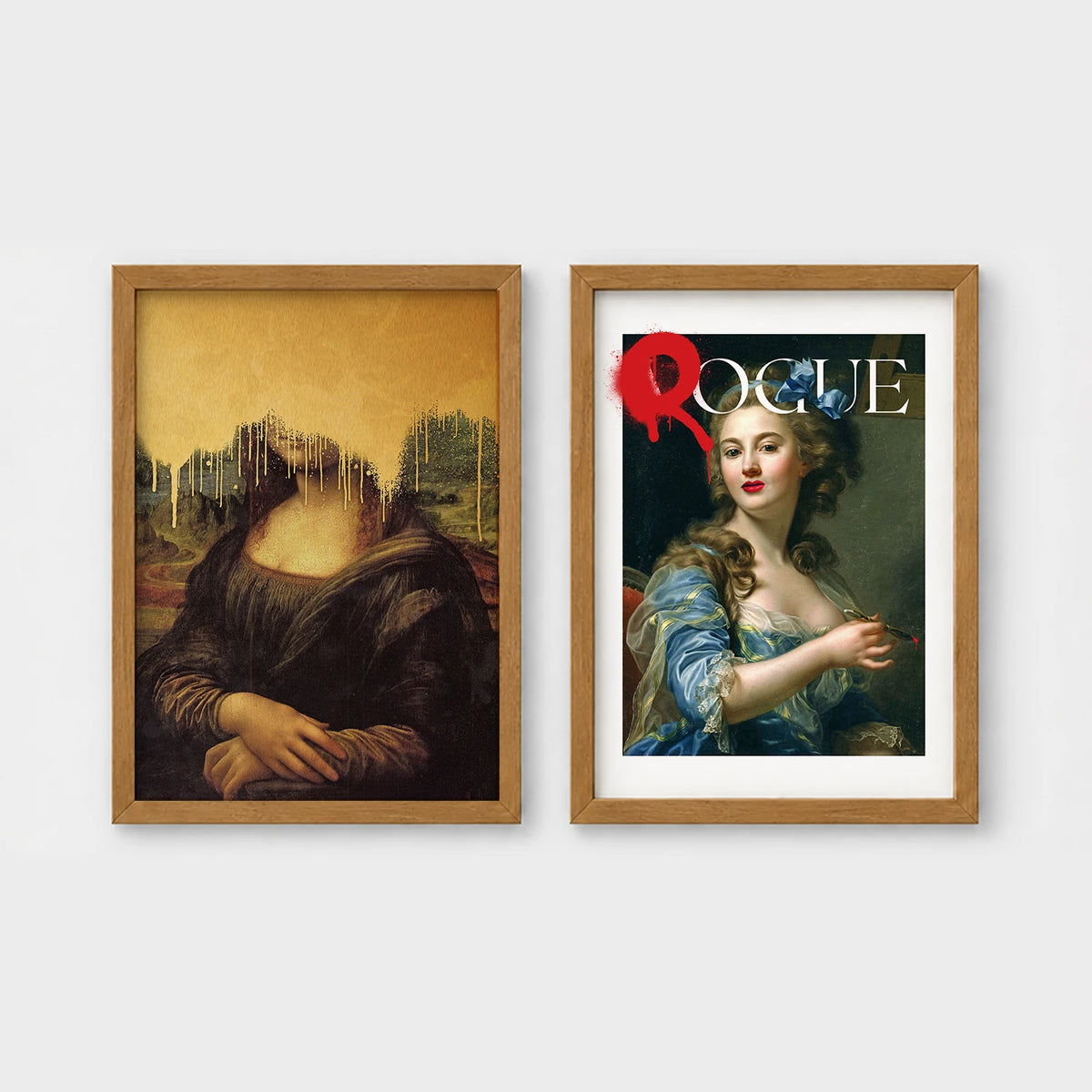 Set of 2 framed prints, classical art with pop-culture twists: the Mona Lisa with dripping gold paint; and a classical portrait styled as a "Rogue" magazine cover — unframed