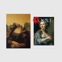 Set of 2 framed prints, classical art with pop-culture twists: the Mona Lisa with dripping gold paint; and a classical portrait styled as a "Rogue" magazine cover — unframed
