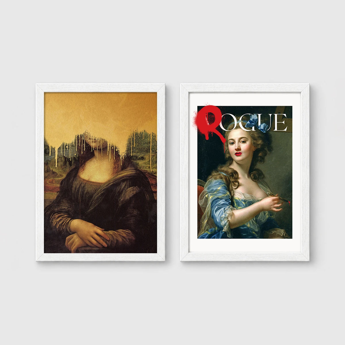 Set of 2 framed prints, classical art with pop-culture twists: the Mona Lisa with dripping gold paint; and a classical portrait styled as a "Rogue" magazine cover — unframed