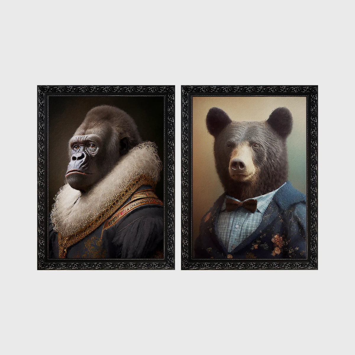 Set of 2 framed prints, animals in period noble dress: a gorilla in a Renaissance fur-collared robe; and a brown bear in a bow-tie suit — unframed