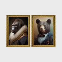 Set of 2 framed prints, animals in period noble dress: a gorilla in a Renaissance fur-collared robe; and a brown bear in a bow-tie suit — unframed