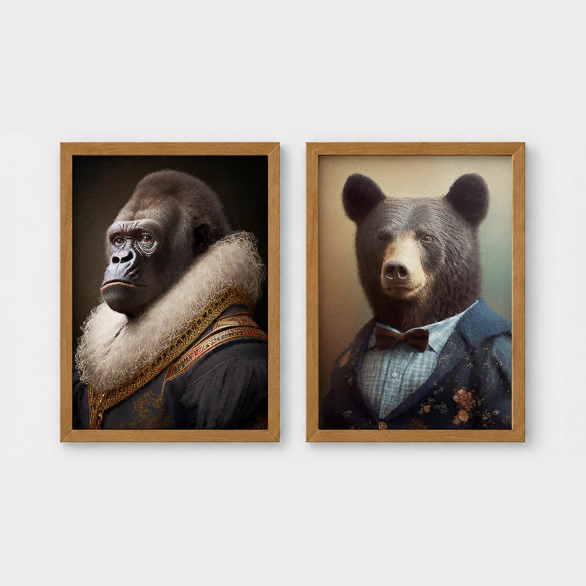 Set of 2 framed prints, animals in period noble dress: a gorilla in a Renaissance fur-collared robe; and a brown bear in a bow-tie suit — unframed
