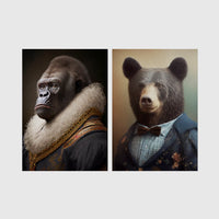 Set of 2 framed prints, animals in period noble dress: a gorilla in a Renaissance fur-collared robe; and a brown bear in a bow-tie suit — unframed