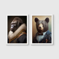 Set of 2 framed prints, animals in period noble dress: a gorilla in a Renaissance fur-collared robe; and a brown bear in a bow-tie suit — unframed