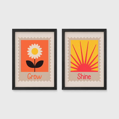 Set of 2 framed prints, stamp-style icon illustrations: a "Grow" stamp-style icon illustration of a flower; and a "Shine" stamp-style icon illustration of a sun — unframed
