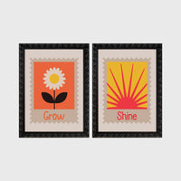 Set of 2 framed prints, stamp-style icon illustrations: a "Grow" stamp-style icon illustration of a flower; and a "Shine" stamp-style icon illustration of a sun — unframed
