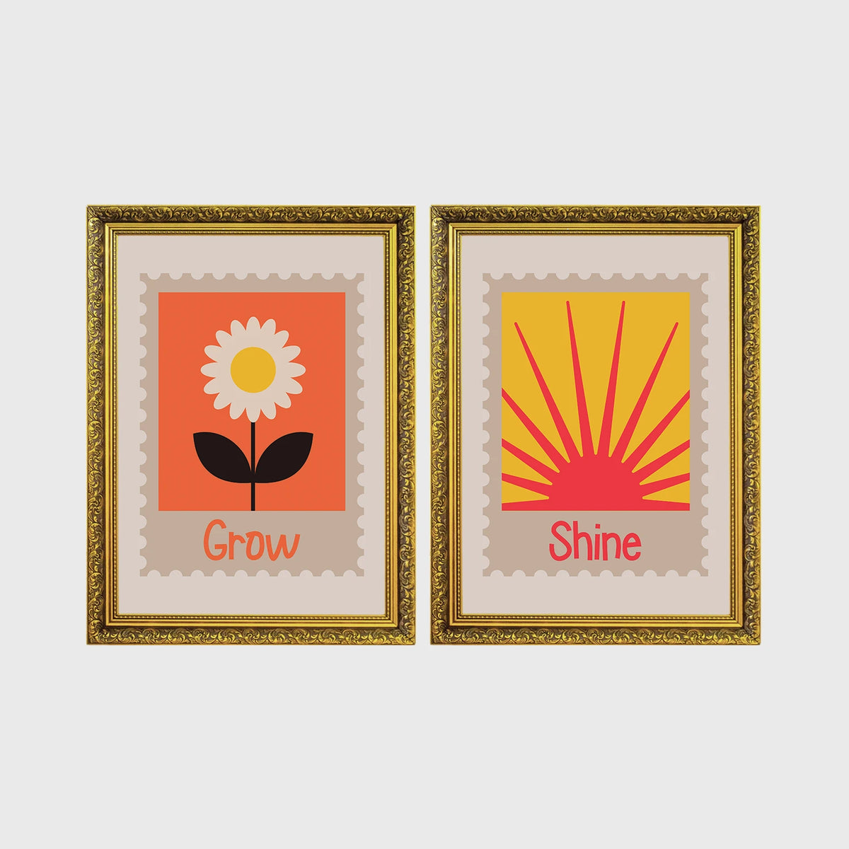 Set of 2 framed prints, stamp-style icon illustrations: a "Grow" stamp-style icon illustration of a flower; and a "Shine" stamp-style icon illustration of a sun — unframed