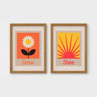 Set of 2 framed prints, stamp-style icon illustrations: a "Grow" stamp-style icon illustration of a flower; and a "Shine" stamp-style icon illustration of a sun — unframed
