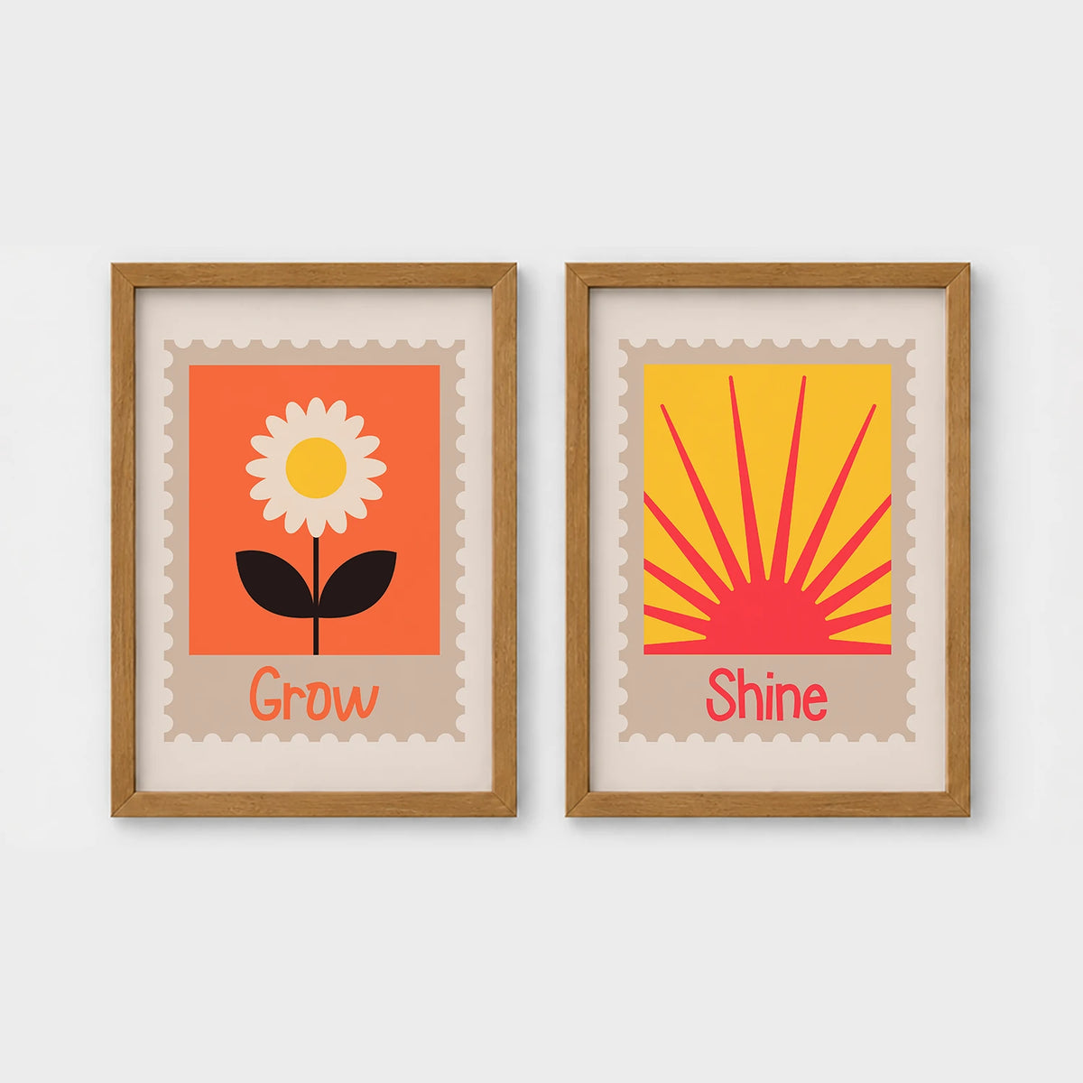 Set of 2 framed prints, stamp-style icon illustrations: a "Grow" stamp-style icon illustration of a flower; and a "Shine" stamp-style icon illustration of a sun — unframed