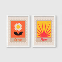 Set of 2 framed prints, stamp-style icon illustrations: a "Grow" stamp-style icon illustration of a flower; and a "Shine" stamp-style icon illustration of a sun — unframed