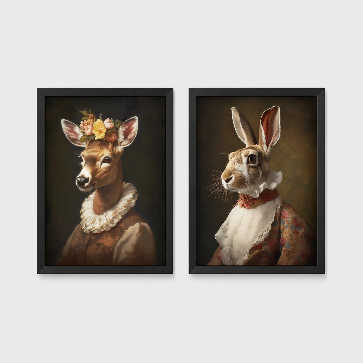 Set of 2 framed prints, animals in period noble dress: a deer with a floral crown and lace collar; and a hare in a lace ruff collar — unframed