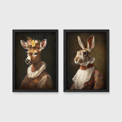 Set of 2 framed prints, animals in period noble dress: a deer with a floral crown and lace collar; and a hare in a lace ruff collar — unframed