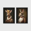 Set of 2 framed prints, animals in period noble dress: a deer with a floral crown and lace collar; and a hare in a lace ruff collar — unframed