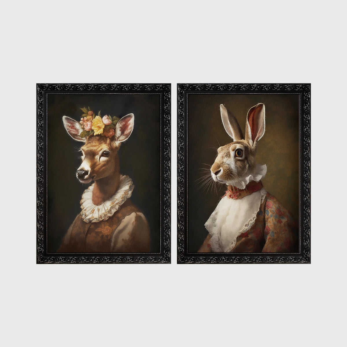 Set of 2 framed prints, animals in period noble dress: a deer with a floral crown and lace collar; and a hare in a lace ruff collar — unframed