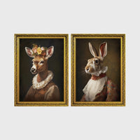 Set of 2 framed prints, animals in period noble dress: a deer with a floral crown and lace collar; and a hare in a lace ruff collar — unframed