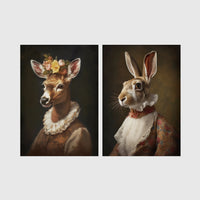 Set of 2 framed prints, animals in period noble dress: a deer with a floral crown and lace collar; and a hare in a lace ruff collar — unframed