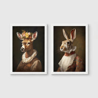 Set of 2 framed prints, animals in period noble dress: a deer with a floral crown and lace collar; and a hare in a lace ruff collar — unframed