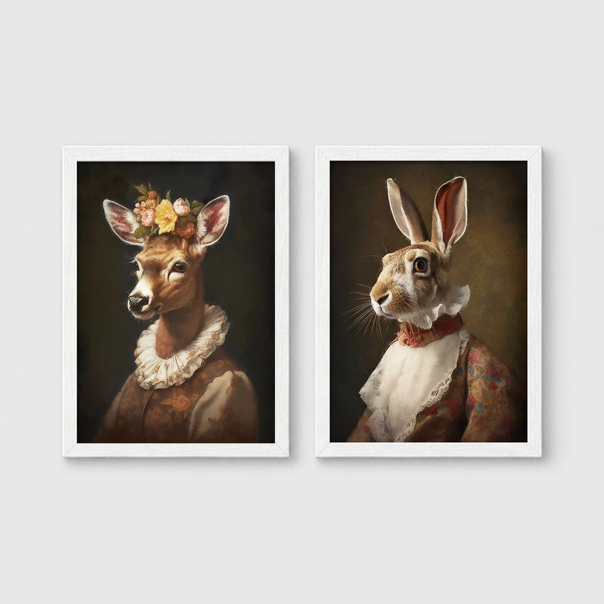 Set of 2 framed prints, animals in period noble dress: a deer with a floral crown and lace collar; and a hare in a lace ruff collar — unframed