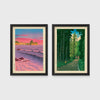 Set of 2 framed prints, Kawase Hasui Japanese woodblock prints: a pink sunset over ocean waves and cliffs; and a cedar forest path with a lone walker — unframed