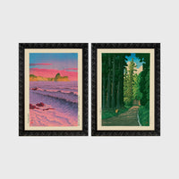 Set of 2 framed prints, Kawase Hasui Japanese woodblock prints: a pink sunset over ocean waves and cliffs; and a cedar forest path with a lone walker — unframed