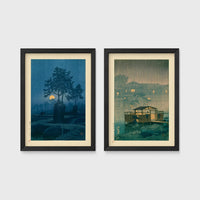 Set of 2 framed prints, Kawase Hasui Japanese woodblock prints (night scenes): a moonlit tree and stone lantern at night; and a misty rain-soaked house with lantern light at dusk — unframed