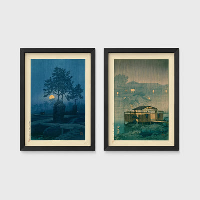 Set of 2 framed prints, Kawase Hasui Japanese woodblock prints (night scenes): a moonlit tree and stone lantern at night; and a misty rain-soaked house with lantern light at dusk — unframed