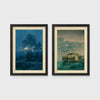 Set of 2 framed prints, Kawase Hasui Japanese woodblock prints (night scenes): a moonlit tree and stone lantern at night; and a misty rain-soaked house with lantern light at dusk — unframed
