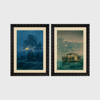 Set of 2 framed prints, Kawase Hasui Japanese woodblock prints (night scenes): a moonlit tree and stone lantern at night; and a misty rain-soaked house with lantern light at dusk — unframed