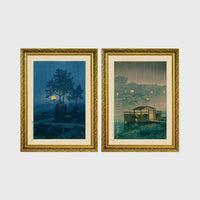 Set of 2 framed prints, Kawase Hasui Japanese woodblock prints (night scenes): a moonlit tree and stone lantern at night; and a misty rain-soaked house with lantern light at dusk — unframed