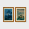 Set of 2 framed prints, Kawase Hasui Japanese woodblock prints (night scenes): a moonlit tree and stone lantern at night; and a misty rain-soaked house with lantern light at dusk — unframed