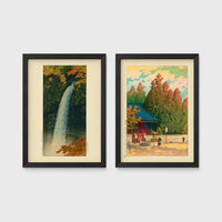 Set of 2 framed prints, Kawase Hasui Japanese woodblock prints: a waterfall cascading through autumn foliage; and a red pagoda gate in an autumn forest — unframed